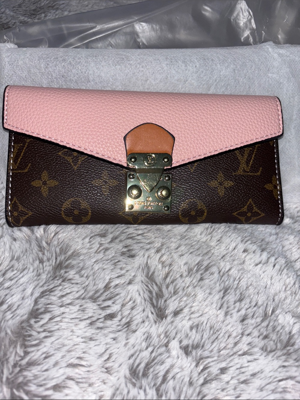 Brown Monogram Wallet with Pink Flap and Tan Tab